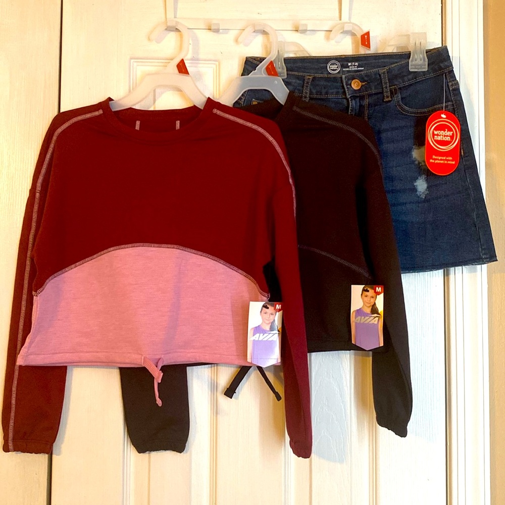 Wonder Nation girls denim skirt and Avia girls color-blocked tops; M, L, XXL